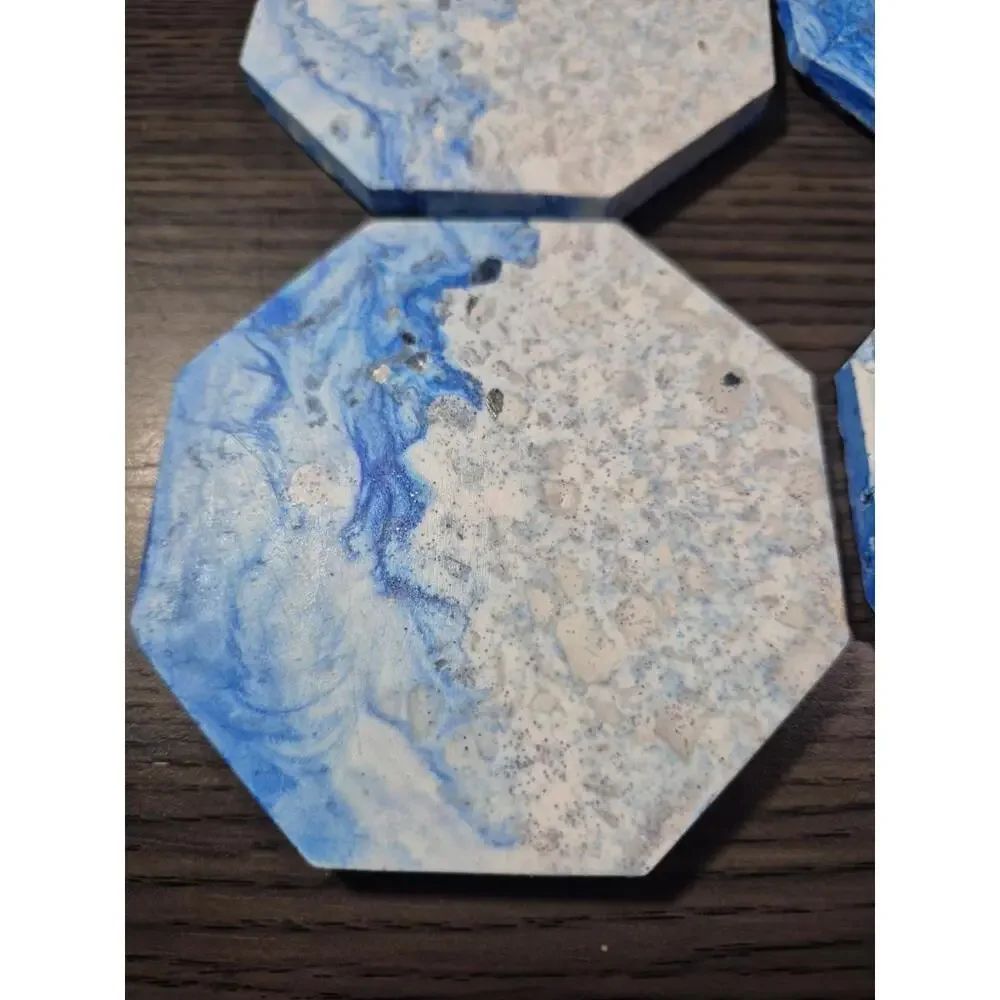 4 White/Blue/Gray Marbled Eco Resin Stone Look Hexagon Coasters 3 5/8” Handmade